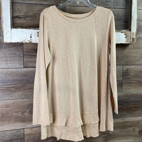 SOFT SURROUNDINGS CORA PIMA TEE Long Sleeve Layered Top Tan White Striped Sz Med - Picture 1 of 8